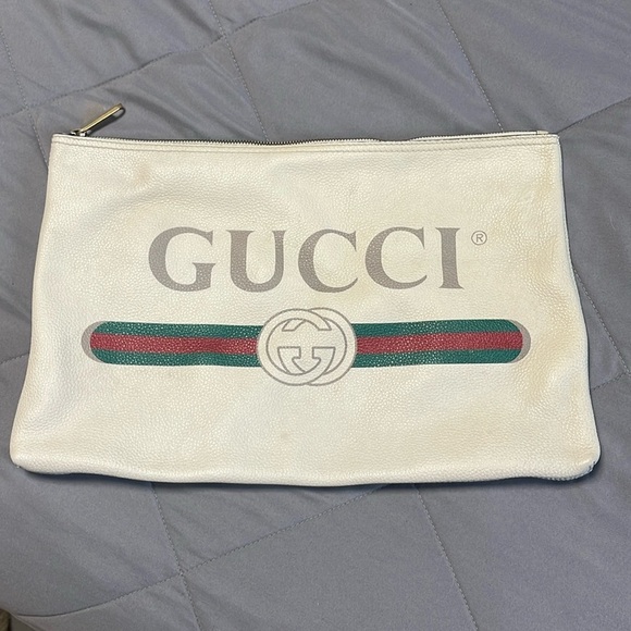 Gucci Cream Logo Zip Up Leather Suede Large Portfolio Pouch Clutch - Picture 3 of 16